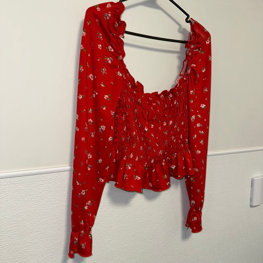 Women's Heart & Hips Floral Smocked Peplum Top Red/Pink Size Medium Boho - Picture 2 of 13
